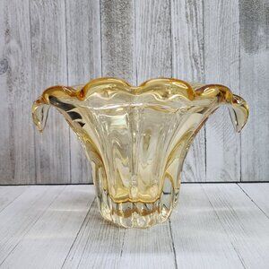 Vintage Teleflora Amber in Clear Art Glass Vase Ribbed Drip Waterfall Tulip